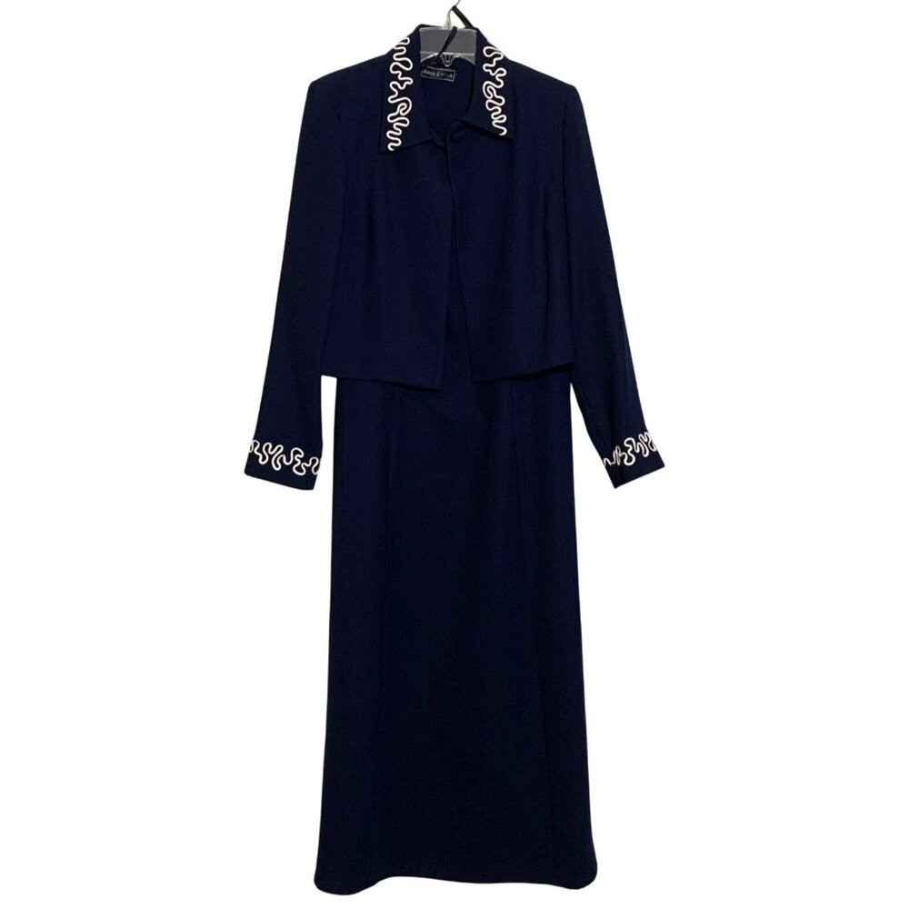 VTG 90s Donna B Taylor Embroidered 2pc Blue  V-Neck Dress Suit w/ Shoulder Pads